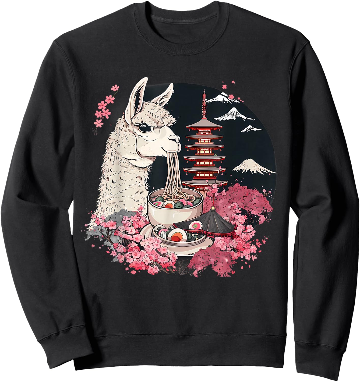Llama Ramen Mount Fuji Sakura Pagoda Llamen Ramen Noodles Sweatshirt - Sweatshirt | Black