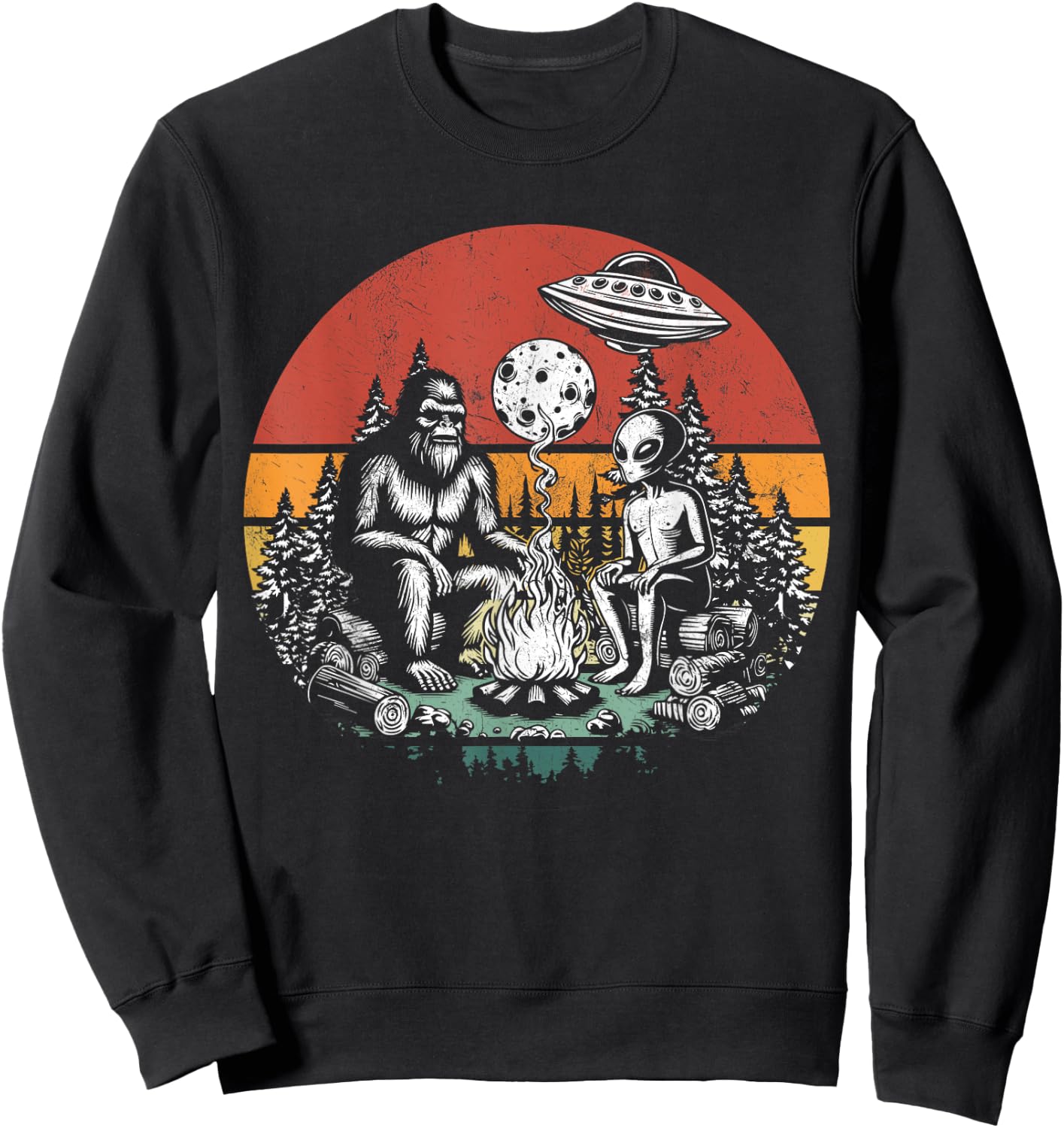 Outdoor Camping UFO Funny Retro Bigfoot And Alien Campfire Sweatshirt - Sweatshirt | Black