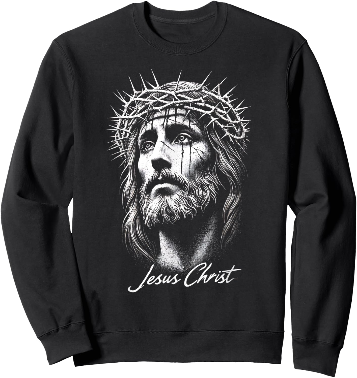 Jesus Christ in Crown of Thorns Distressed Sweatshirt - Sweatshirt | Black