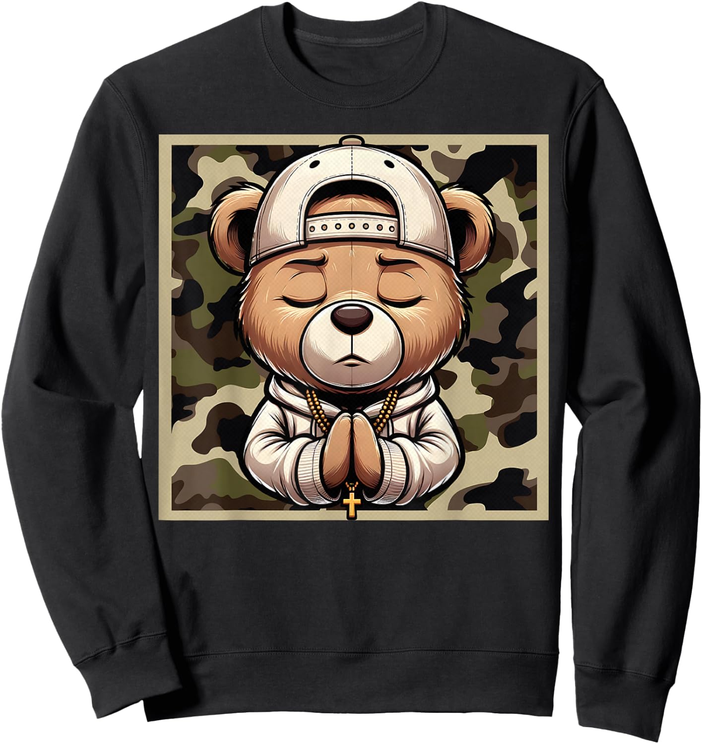 Camo Hip Hop Teddy Bear Praying Christian Streetwear Church Sweatshirt - Sweatshirt | Black
