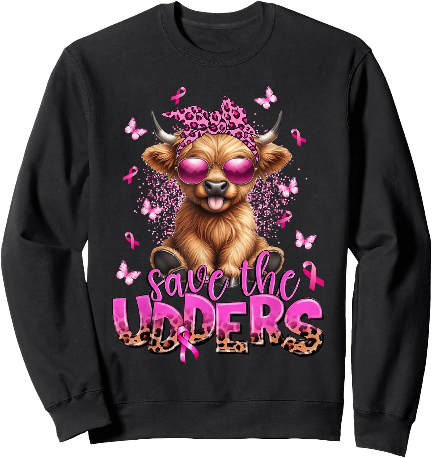 Save The Udders Breast Cancer Awareness Warrior Highland Cow Sweatshirt - Sweatshirt | Black