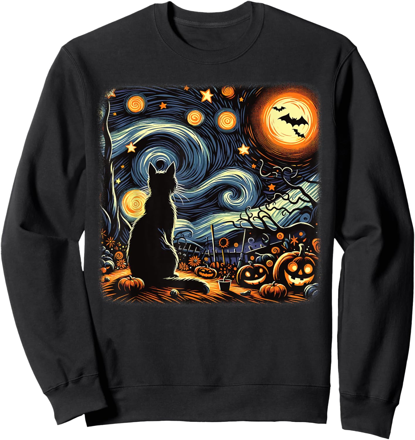 Halloween Black Cat Van Gogh Starry Night Cat Lovers Cat Sweatshirt - Sweatshirt | Black
