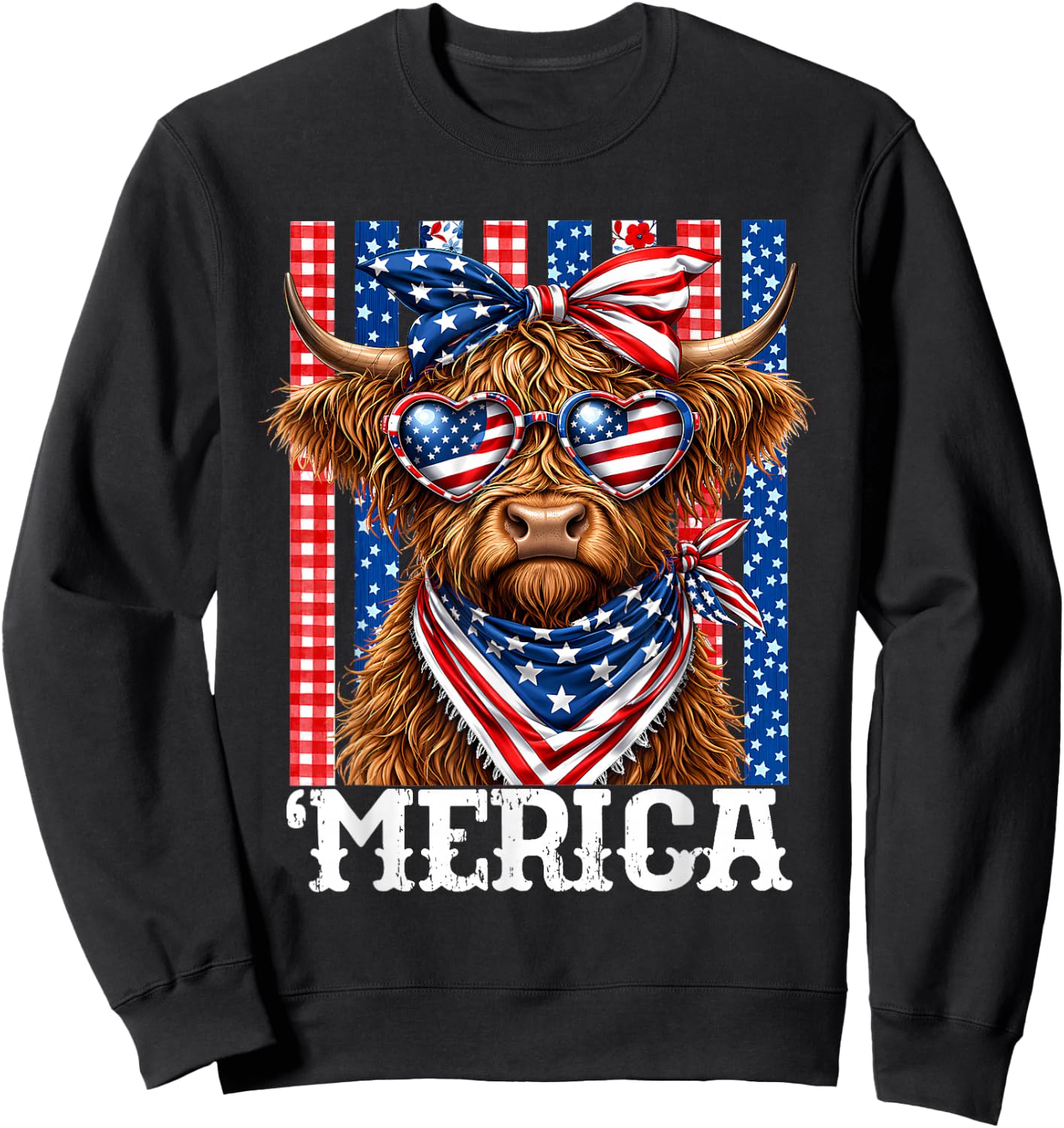 'Merica Highland Cow 4th of July Red White Blue Western Cow Sweatshirt - Sweatshirt | Black