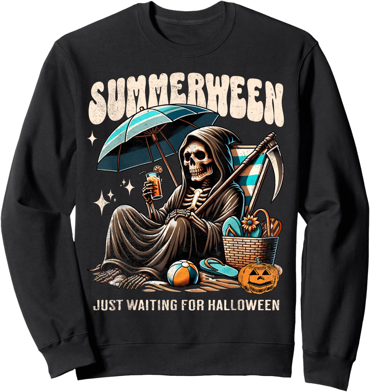 Summerween Grim Reaper Skeleton Summer Vibes Halloween Ghost Men Women Kids Sweatshirt - Sweatshirt | Black