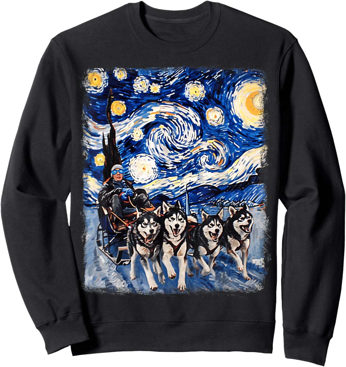 Mushing Sled Dog Siberian Husky Starry Night Painting Sweatshirt - Sweatshirt | Black