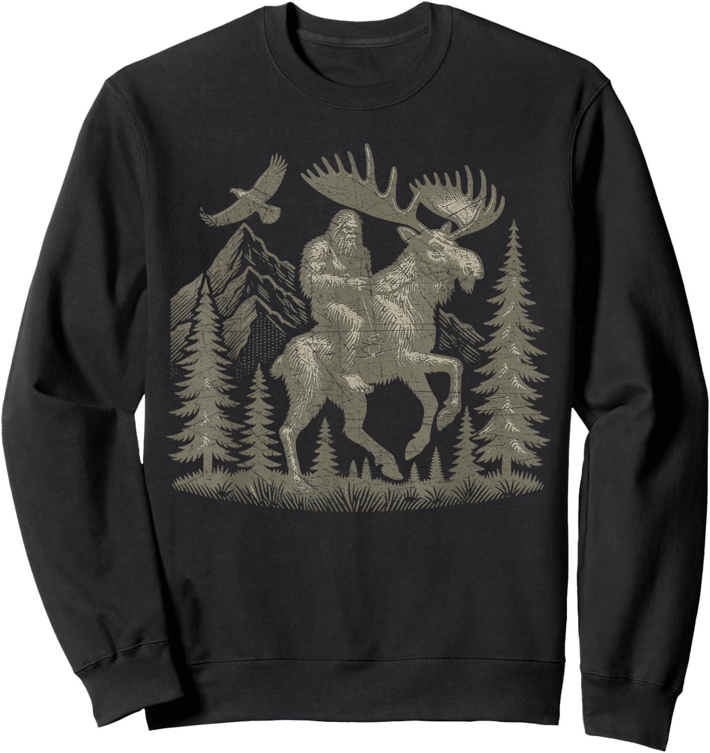 Bigfoot Riding Moose Mountain Adventure Sweatshirt - Sweatshirt | Black