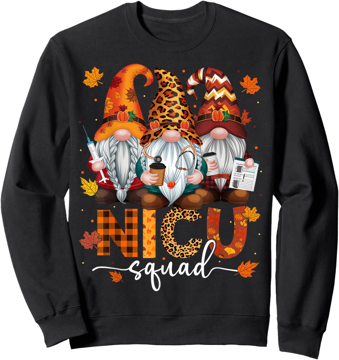 NICU Squad Gnome Nurse Leopard Thanksgiving Stethoscope Sweatshirt - Sweatshirt | Black