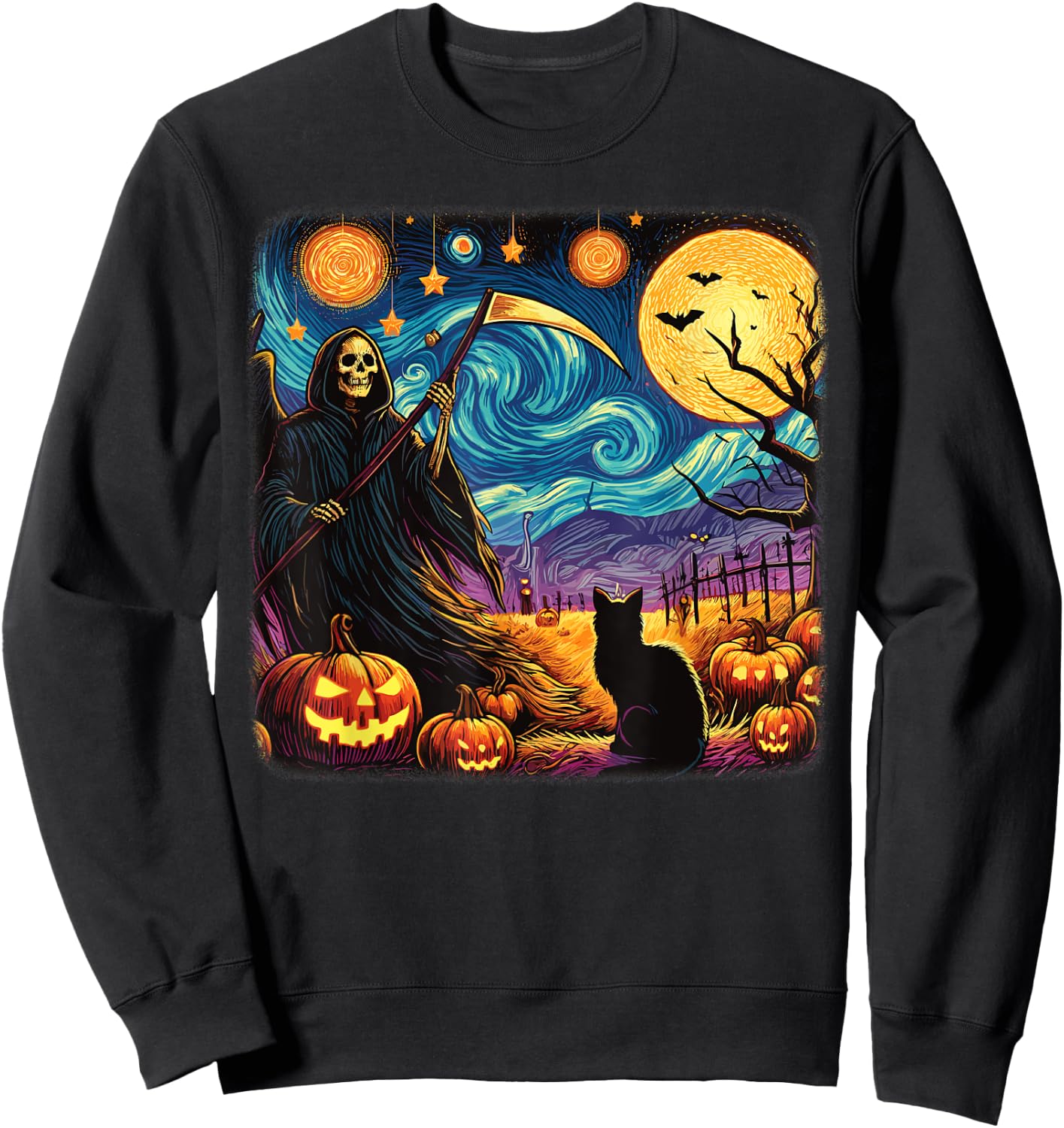 Halloween Van Gogh Starry Night Grim Reaper Pumpkins Cats Sweatshirt - Sweatshirt | Black