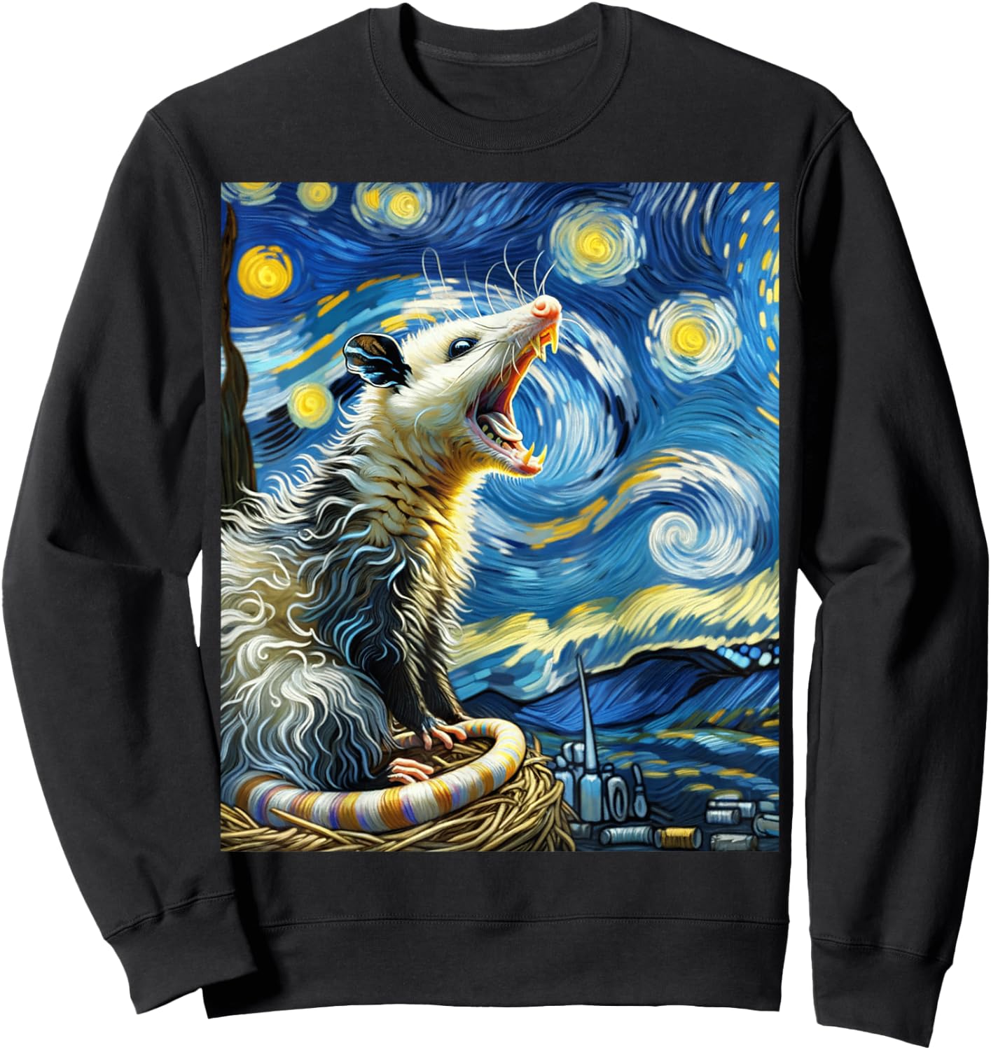 Opossum Screaming, Van Gogh Starry Night Style, Possum Sweatshirt - Sweatshirt | Black