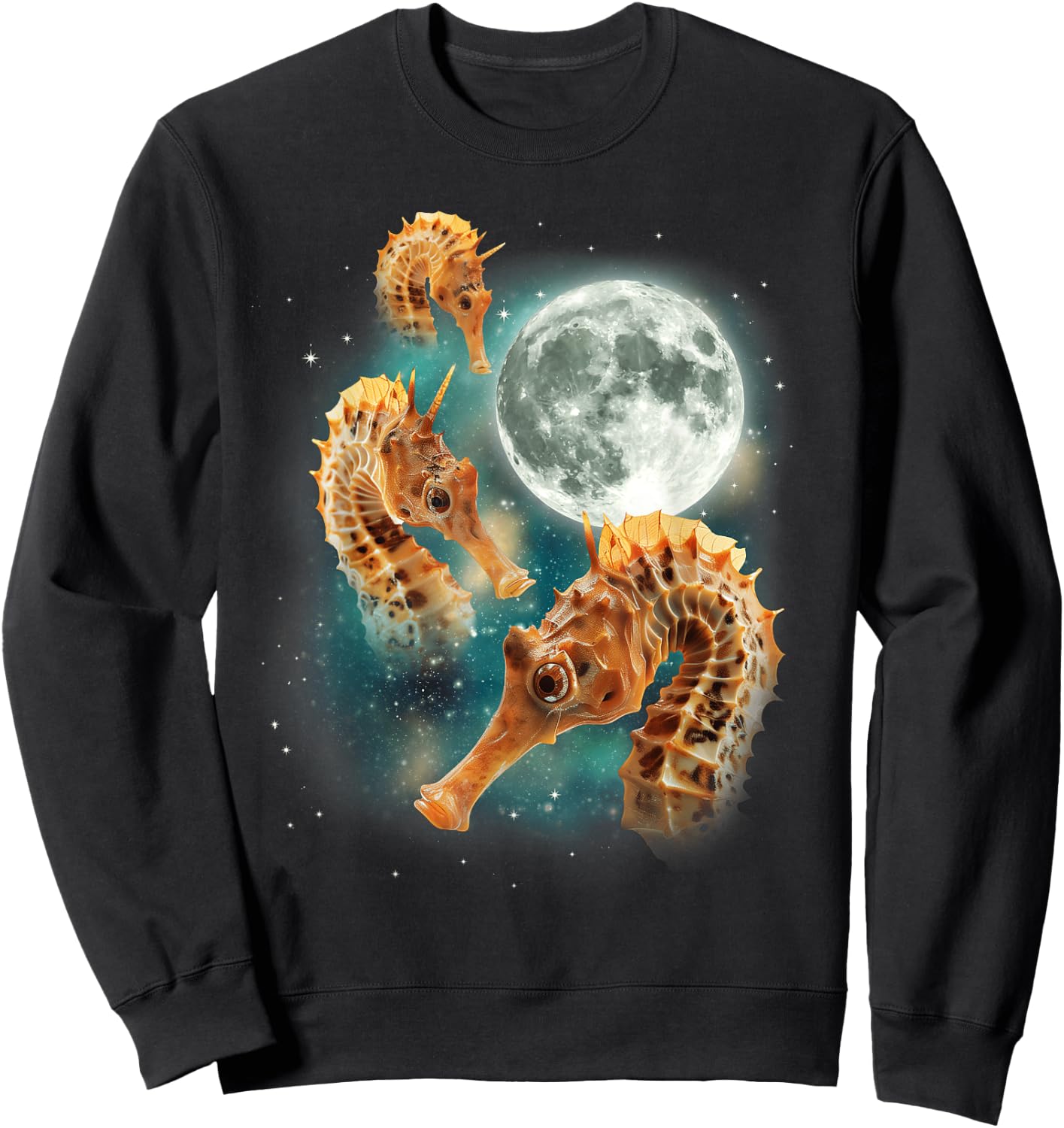 Three Seahorses Moon | 3 Cute Ocean Marine Animal Sea Horse Sweatshirt - Sweatshirt | Black