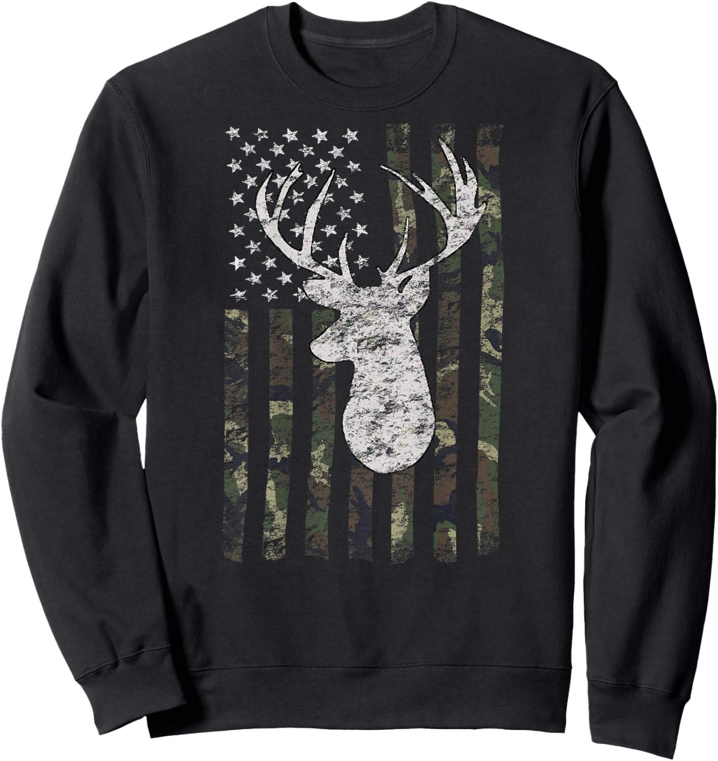 Deer Hunting American Flag Camo Buck Silhouette (on Back) Kids Men Sweatshirt - Sweatshirt | Black
