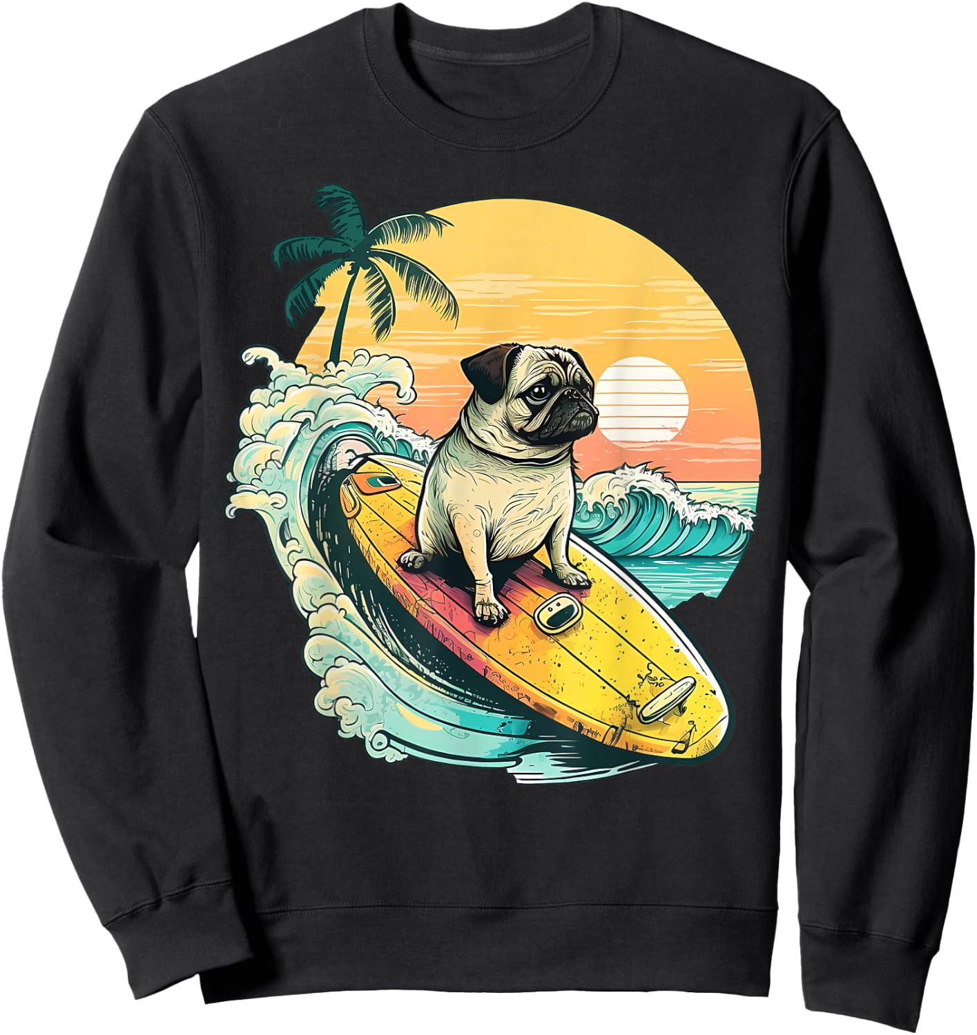Funny Surfing Pug On Beach Pet Lover Vacation Summer Sweatshirt - Sweatshirt | Black