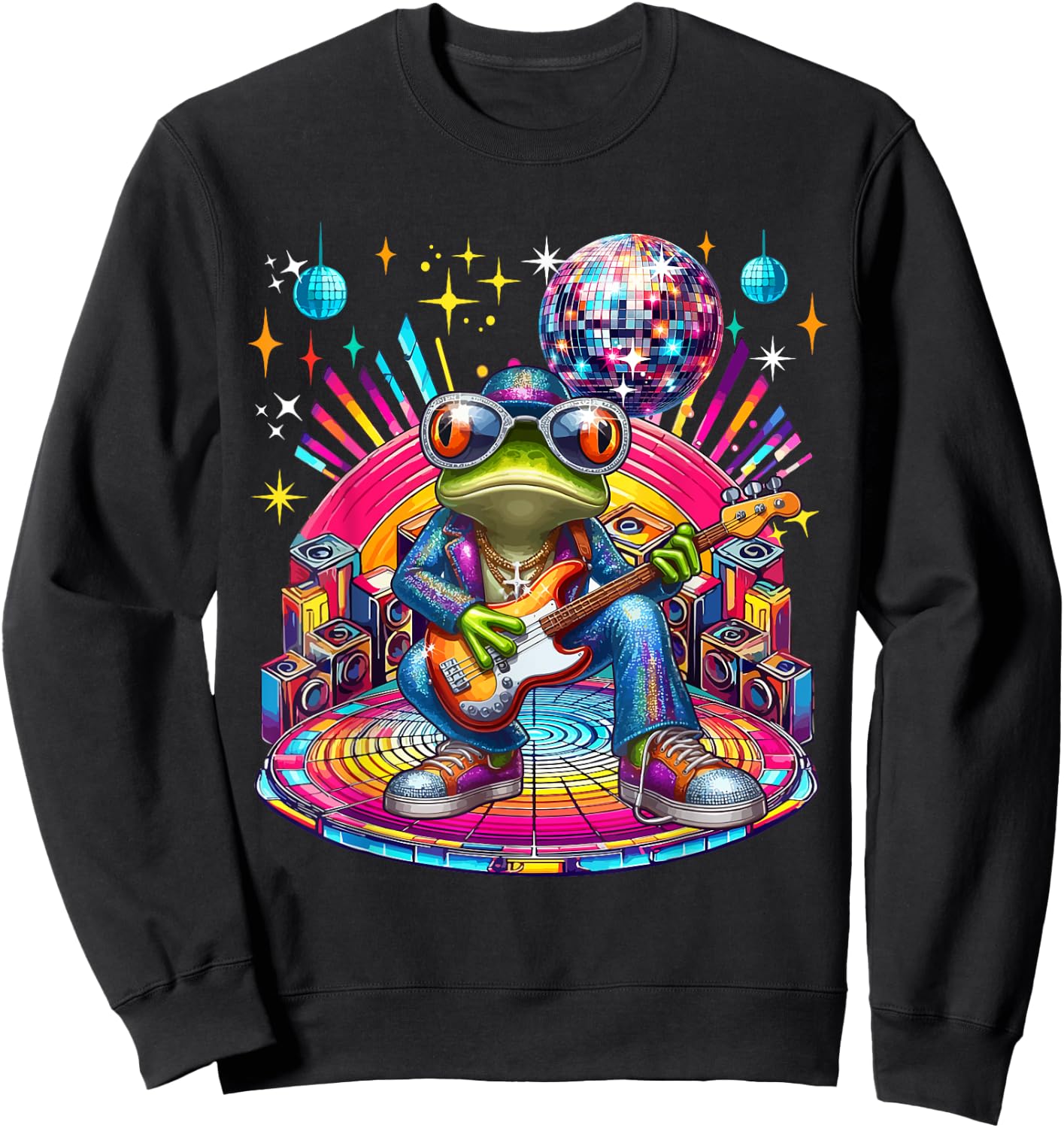 Frog Sunglasses Playing Guitar Colorful Costume Disco Sweatshirt - Sweatshirt | Black