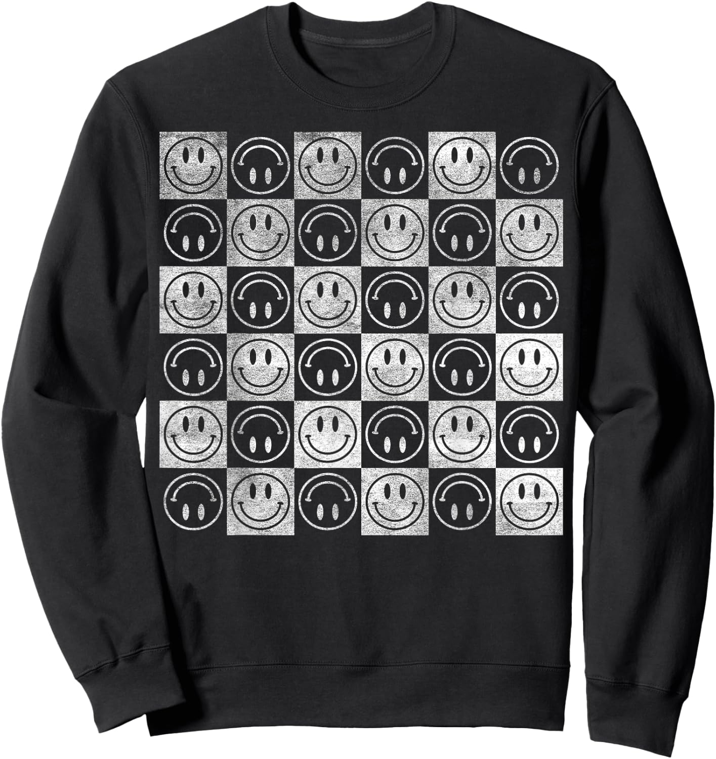 Happy Face Checkerboard Pattern Minimal – Checkered Smile Sweatshirt - Sweatshirt | Black