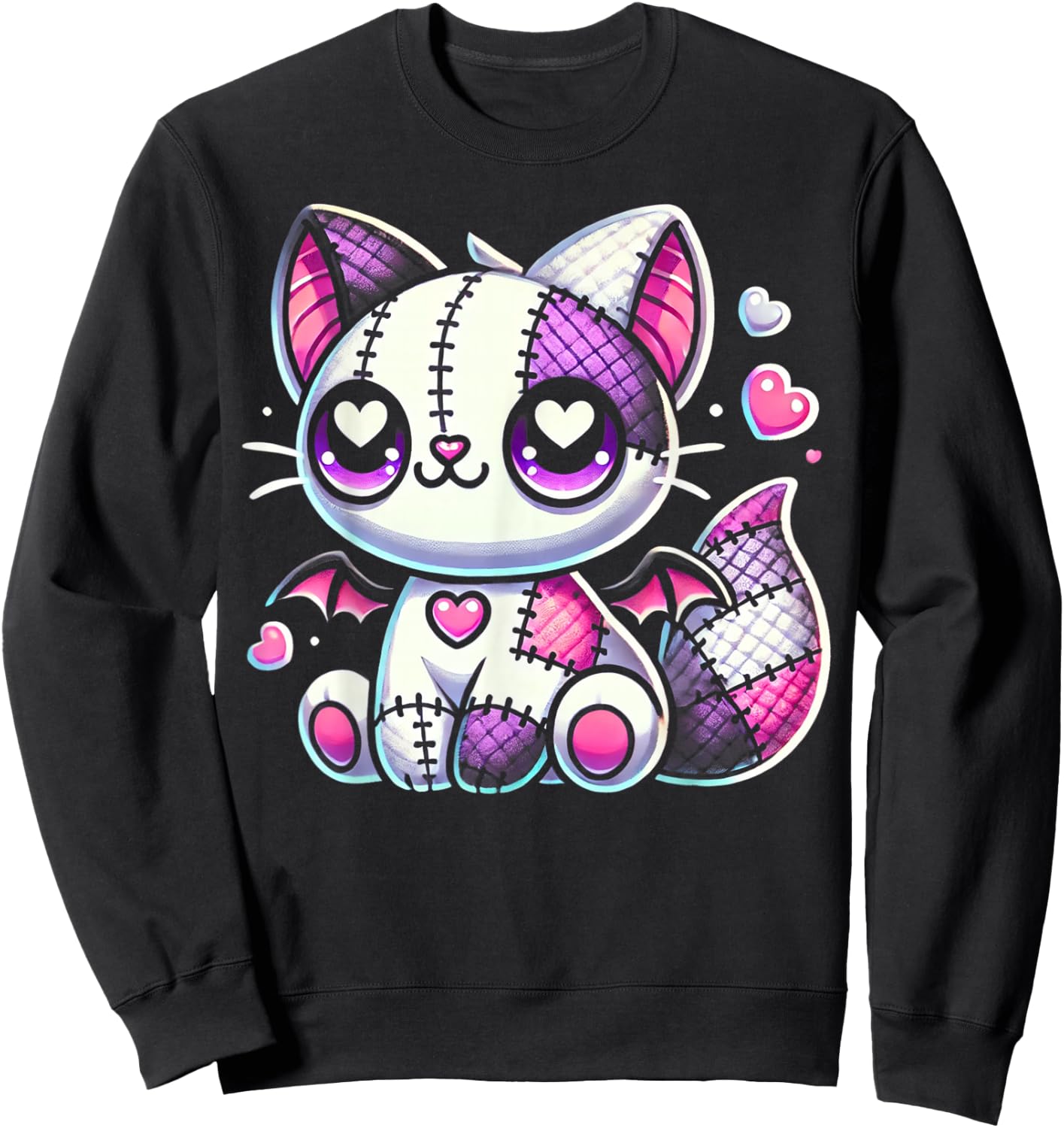 Kawaii Pastel Goth Creepy and Witchy Zombie Patchwork Cat Sweatshirt - Sweatshirt | Black