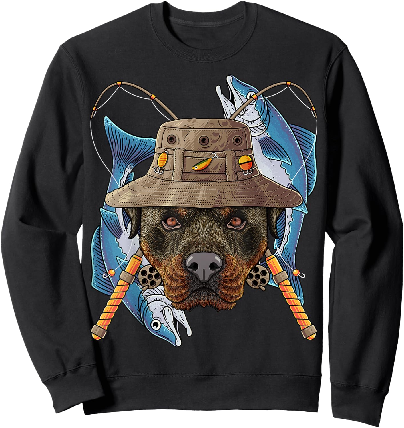 Fishing Rottweiler Outdoor Fisherman Dog Cute Fly Fishing Sweatshirt - Sweatshirt | Black
