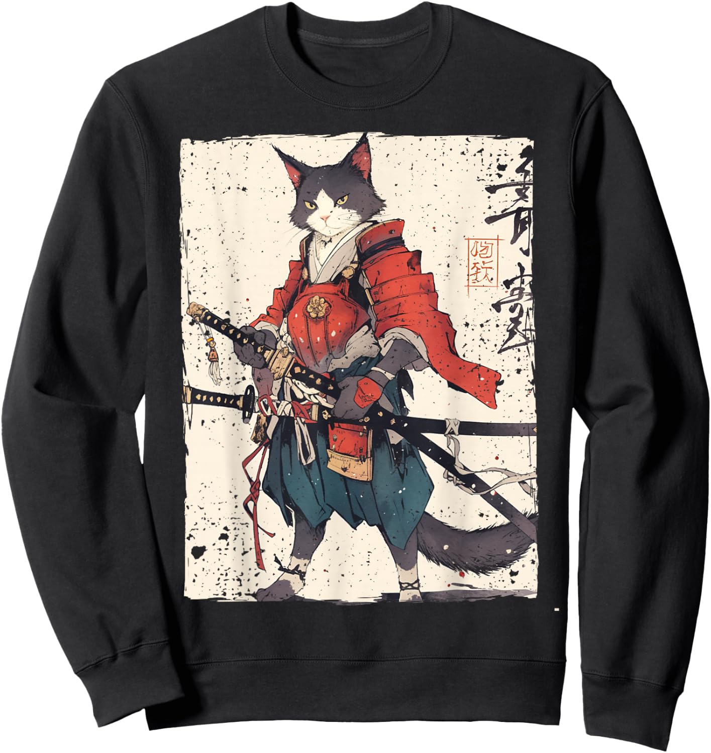 Samurai Cat Warrior Ukiyo Ink Artwork Cat Samurai Women Girls Kids Sweatshirt - Sweatshirt | Black