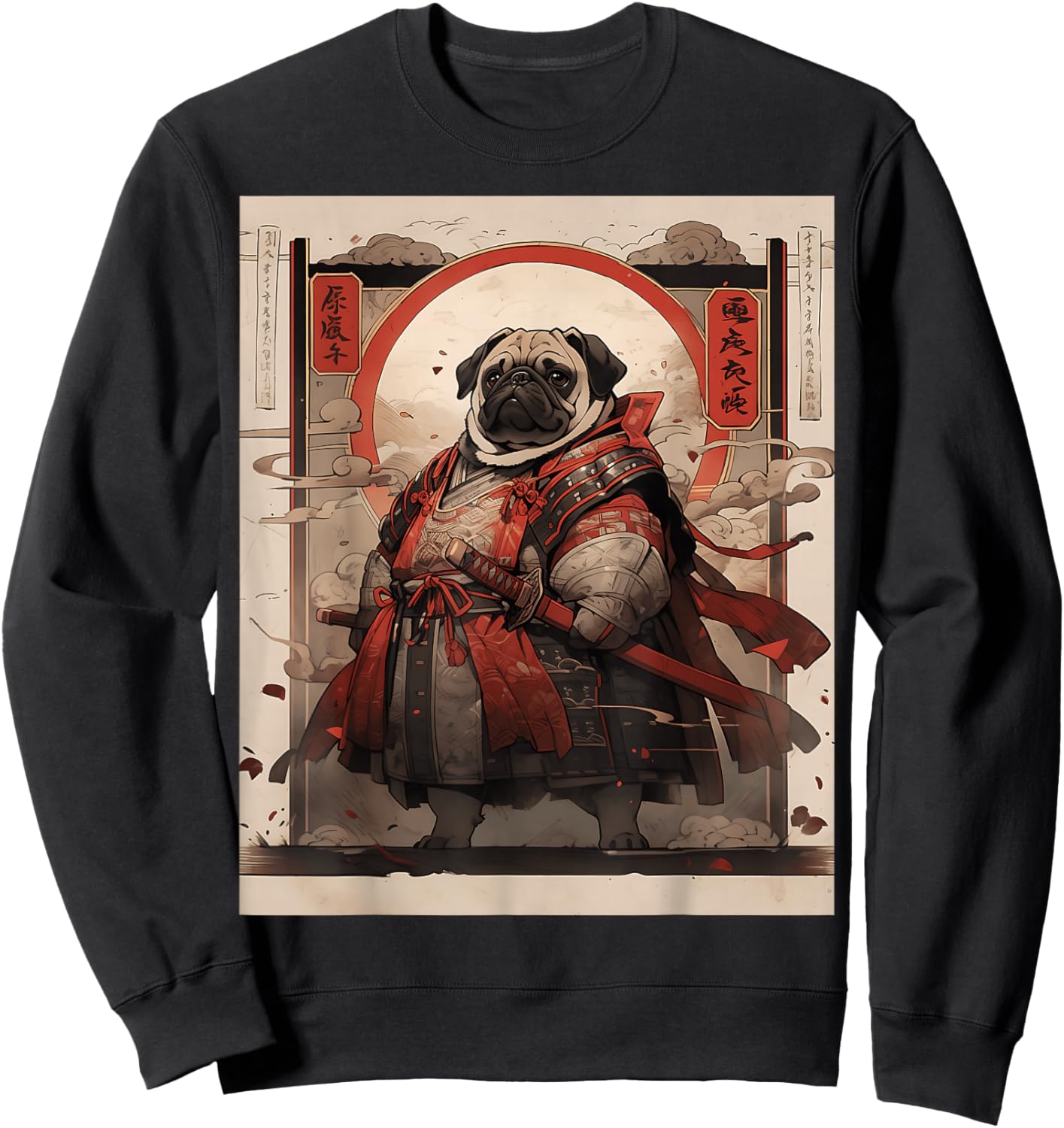 Samurai Pug Dog Retro Japanese Ukiyo-e Warrior Fighter Art Women Kids Sweatshirt - Sweatshirt | Black