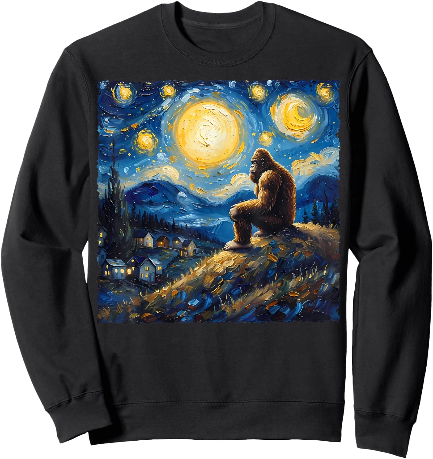 Van Gogh Style Funny Bigfoot Lover Starry Night Painting Sweatshirt - Sweatshirt | Black