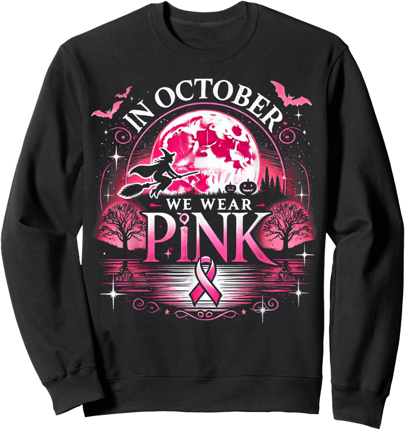October We Wear Pink Witch Halloween Moon Sweatshirt - Sweatshirt | Black