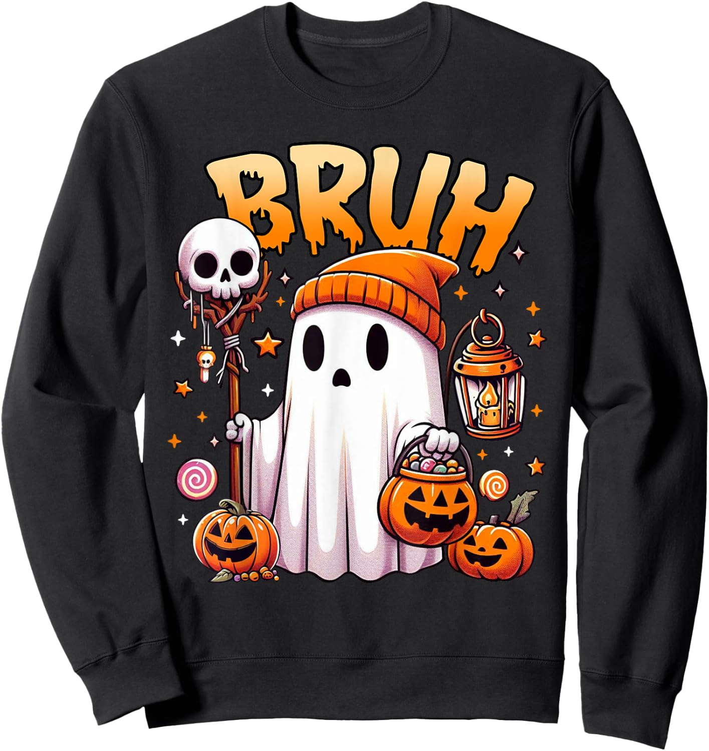 Bruh Ghost Halloween Cute Ghost Trick Or Treat Candy Kids Sweatshirt - Sweatshirt | Black