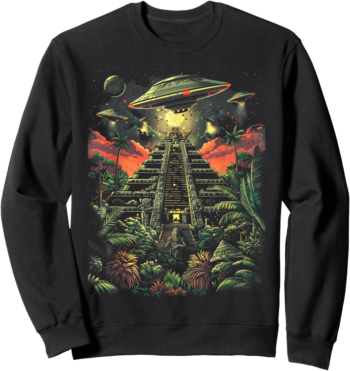UFO Ancient Alien Pyramid South America Jungle Sweatshirt - Sweatshirt | Black