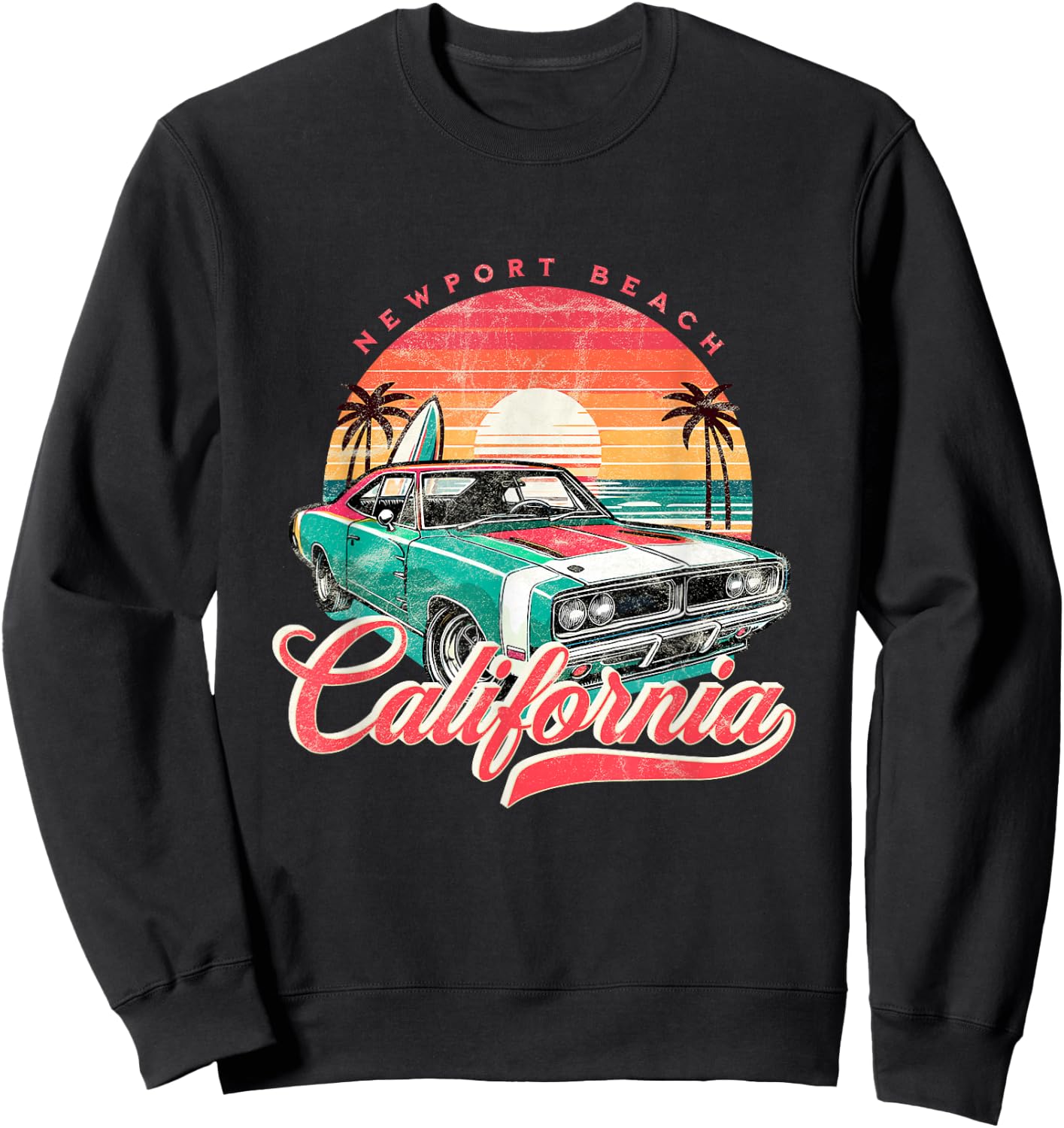 Classic Muscle Car Retro Newport Beach California Surfer Sun Sweatshirt - Sweatshirt | Black
