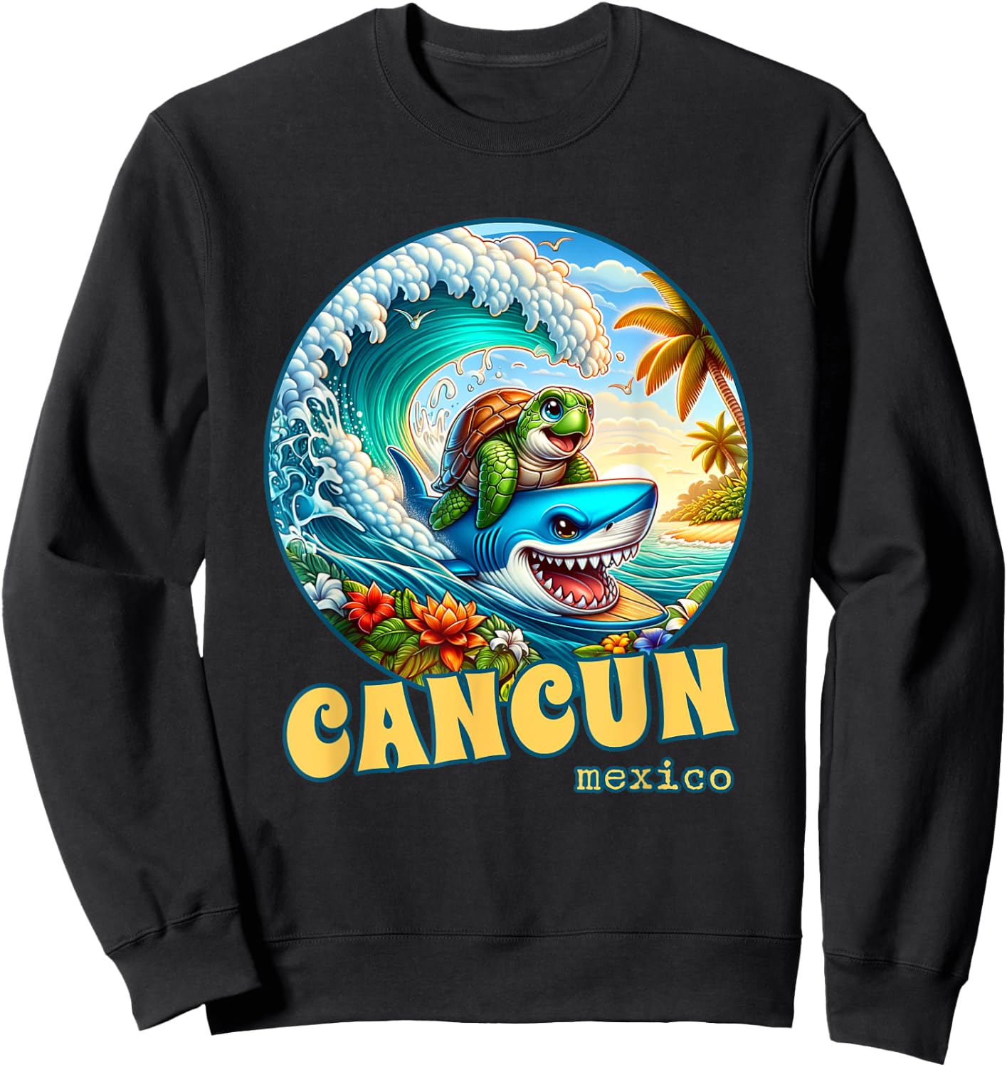 Cancun Mexico Surfing Sea Turtle and Shark Sweatshirt - Sweatshirt | Black