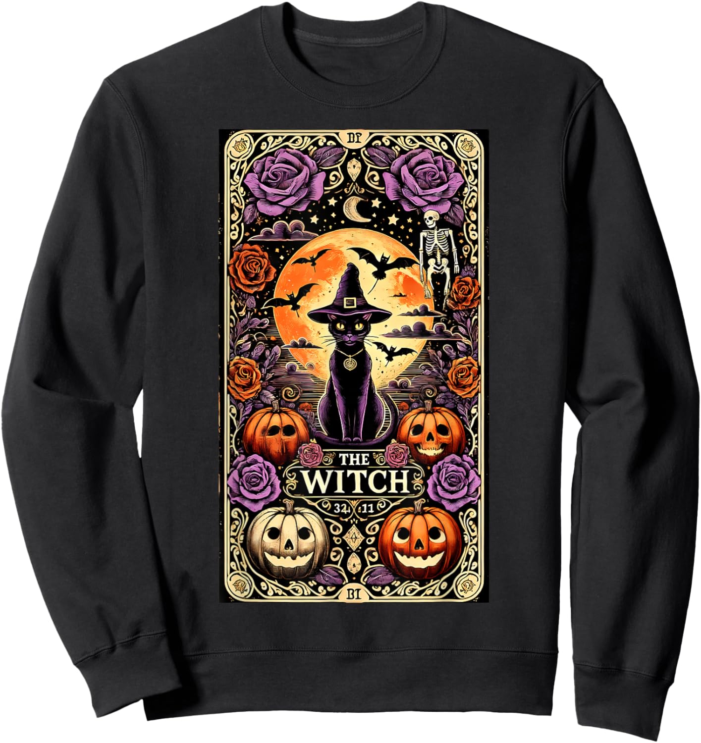 Vintage Gothic The Witch Black Cat Tarot Card Halloween 2024 Men Women Kids Sweatshirt - Sweatshirt | Black