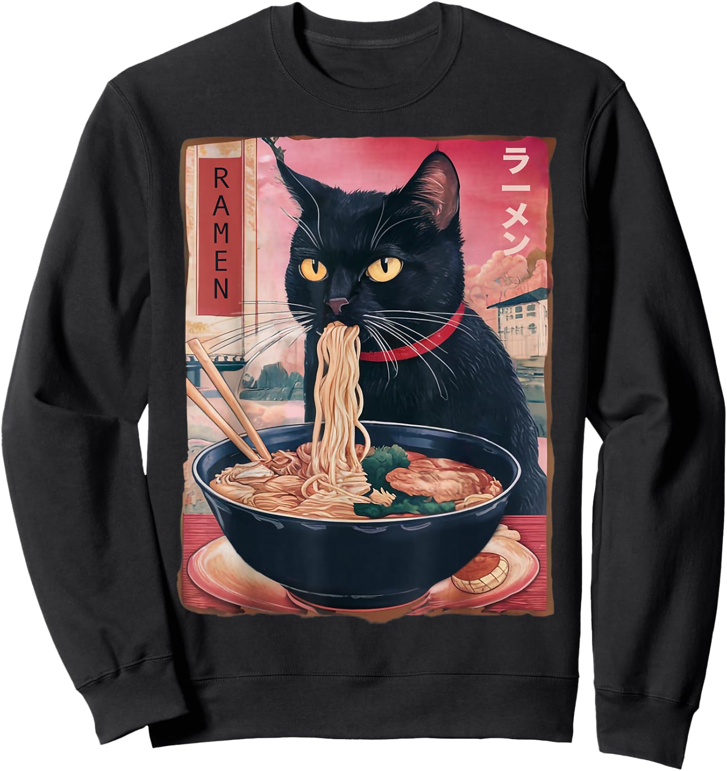 Cat Ramen Noodle Japanese Anime Kawaii Gifts Men Women Kids Sweatshirt - Sweatshirt | Black