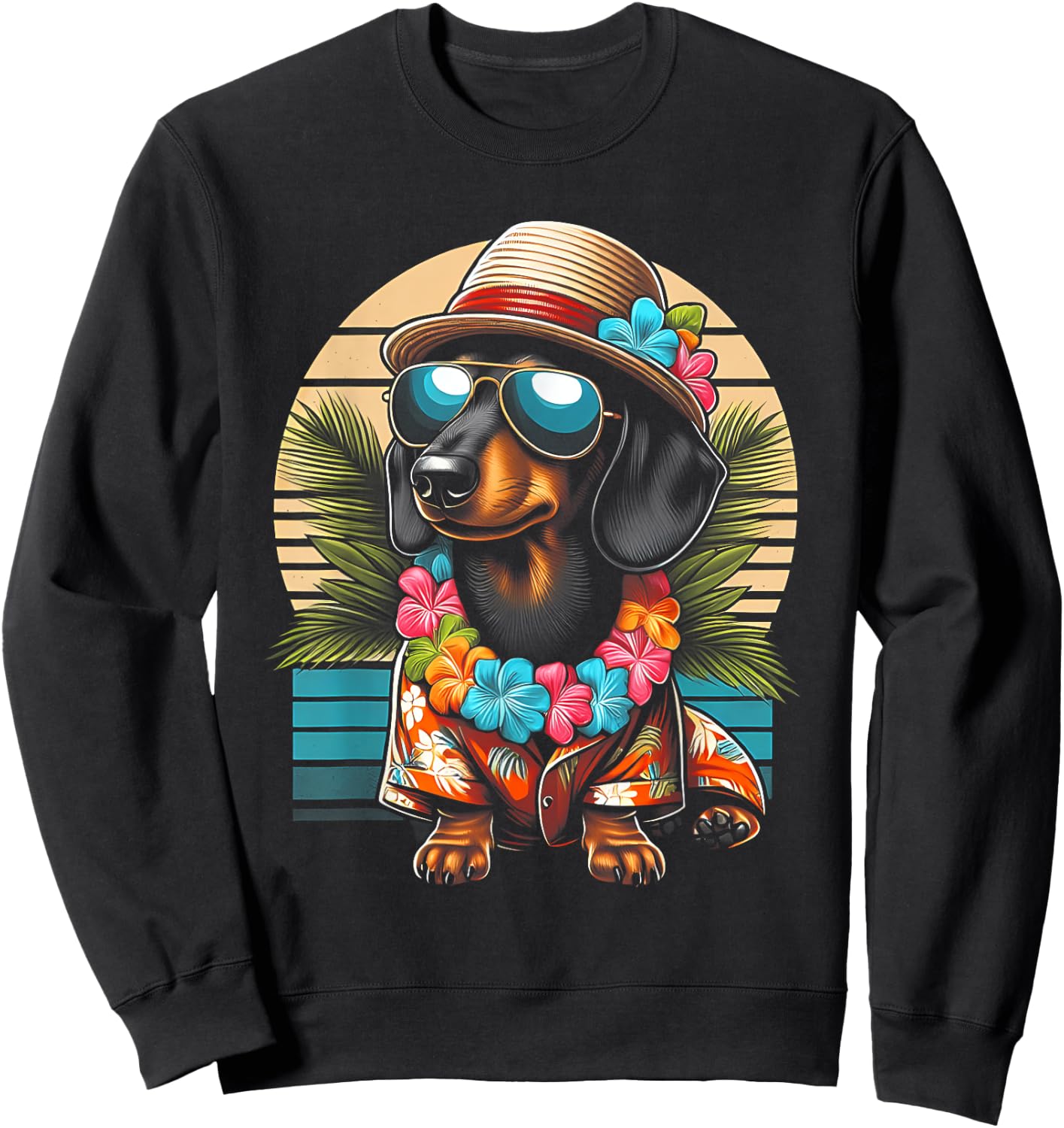 Retro Hawaiian Dachshund Dog Tropical Floral Summer Vibes Women Kids Sweatshirt - Sweatshirt | Black
