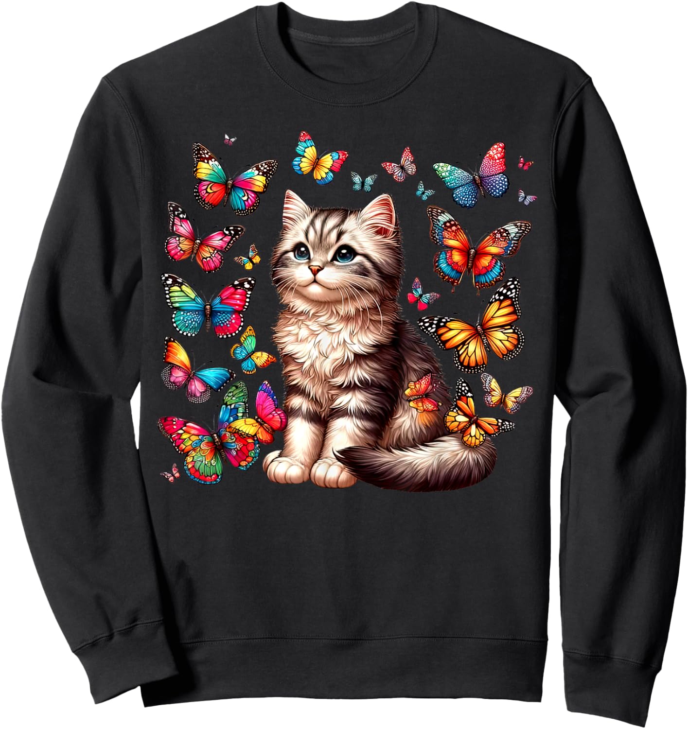 Cute Cat With Colorful Butterfly Art Pet Lover Kitten Women Girls Kids Sweatshirt - Sweatshirt | Black