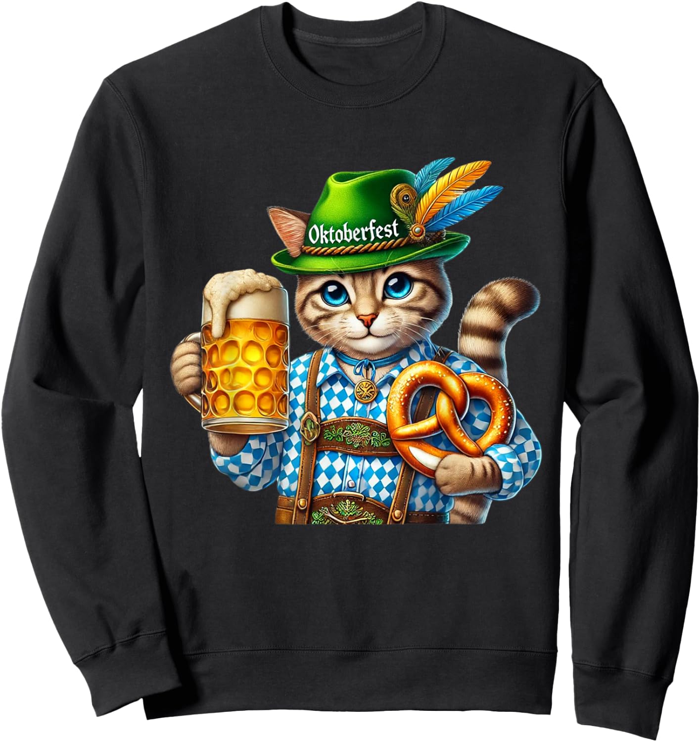 Oktoberfest Cat Beer Pretzel Costume Lederhosen Sweatshirt - Sweatshirt | Black
