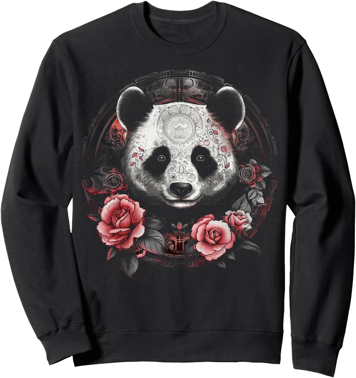 Panda Art Flowers Roses Animal Artwork Panda Sweatshirt - Sweatshirt | Black