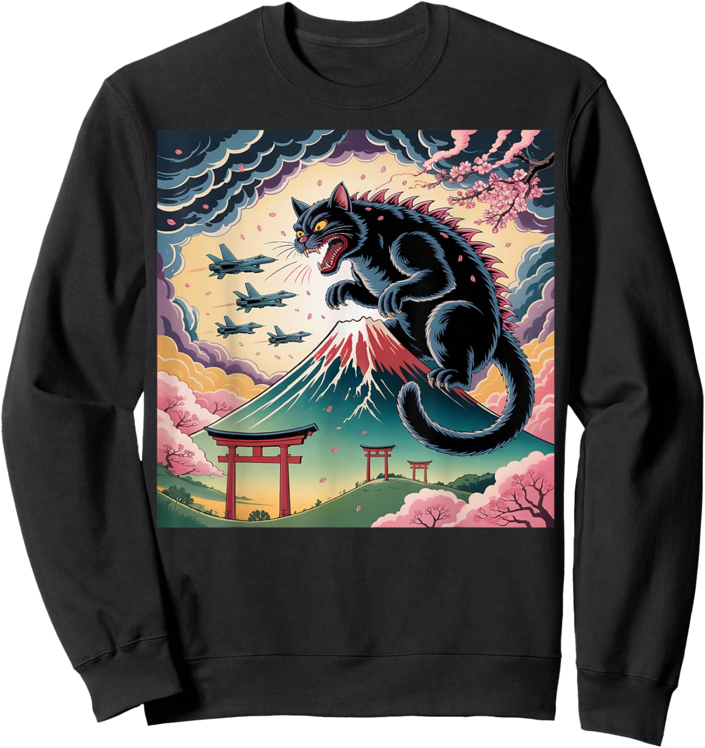 Catzilla Cat Japanese Art Kids Cat Lover Sweatshirt - Sweatshirt | Black