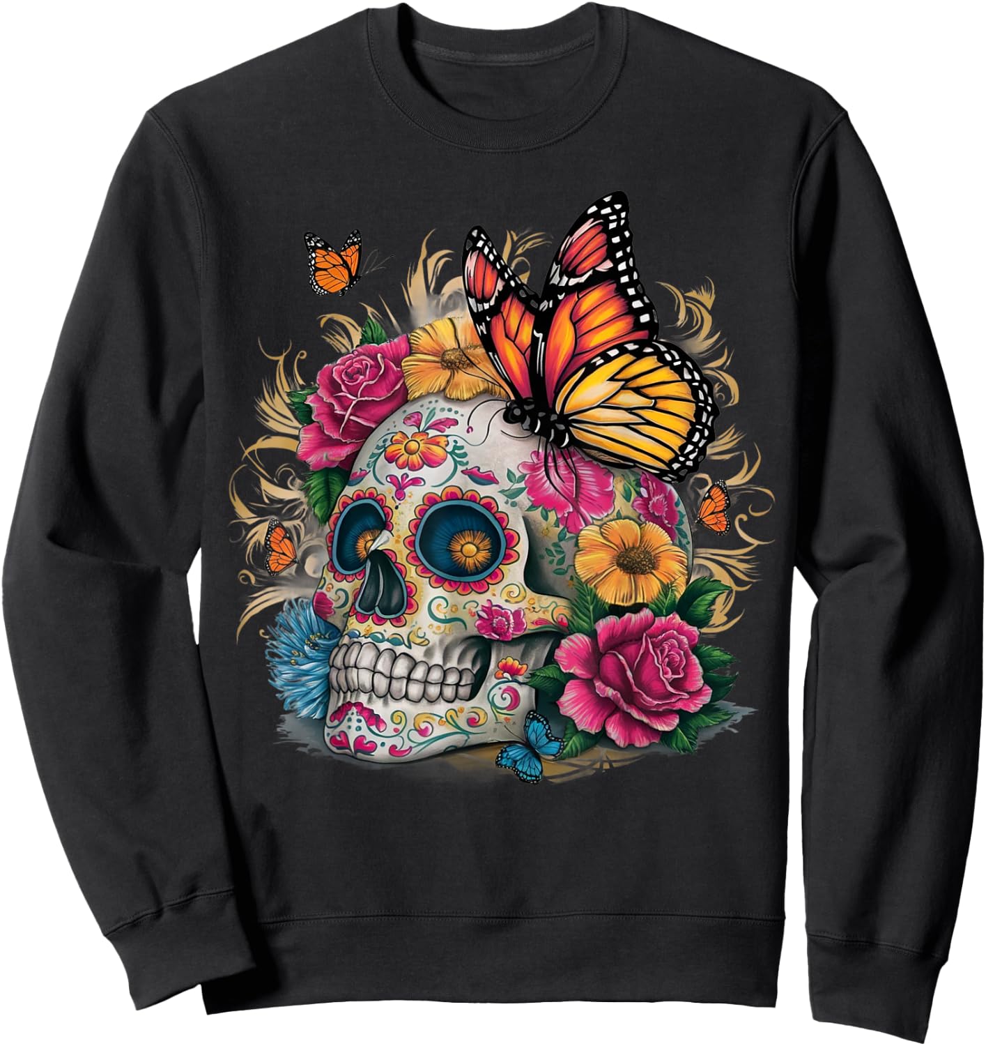 Sugar Skull Butterfly Day of Dead Halloween Dia De Muertos Sweatshirt - Sweatshirt | Black