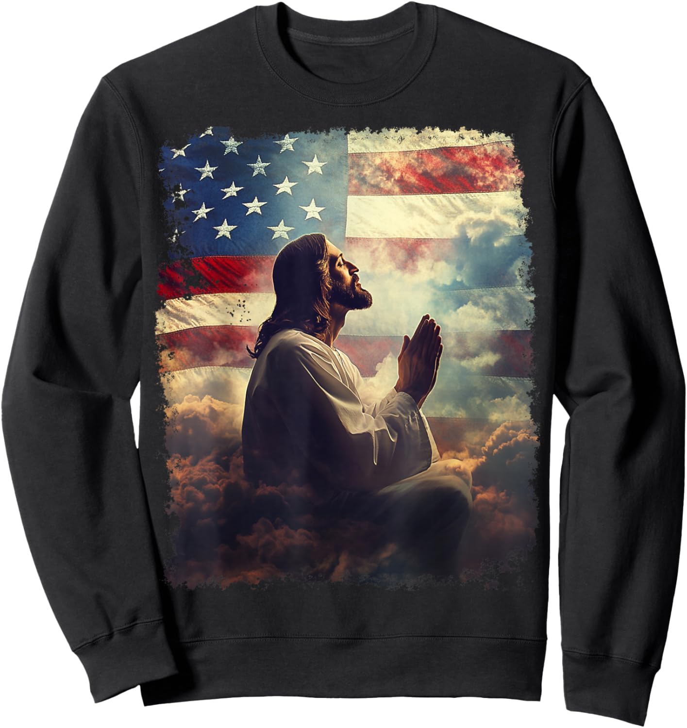 Jesus Christ Praying for America Flag Sweatshirt - Sweatshirt | Black