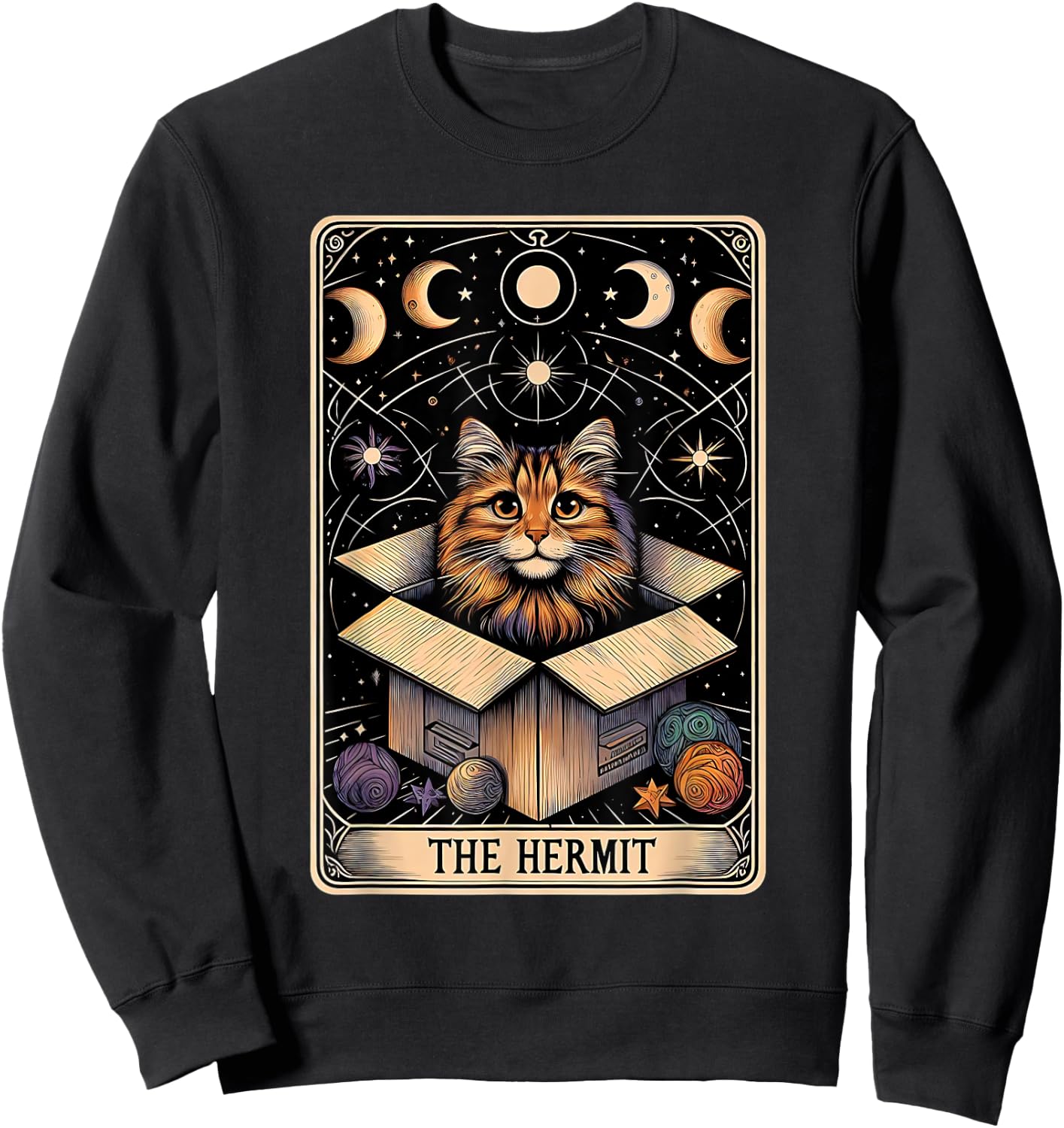 The Hermit Tarot Card Cat In a Box Mystic Funny Cat Sweatshirt - Sweatshirt | Black