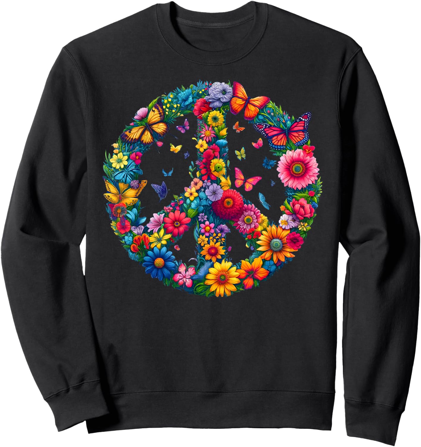 Floral Peace Sign Colorful Butterflies Harmony Love Nature Sweatshirt - Sweatshirt | Black