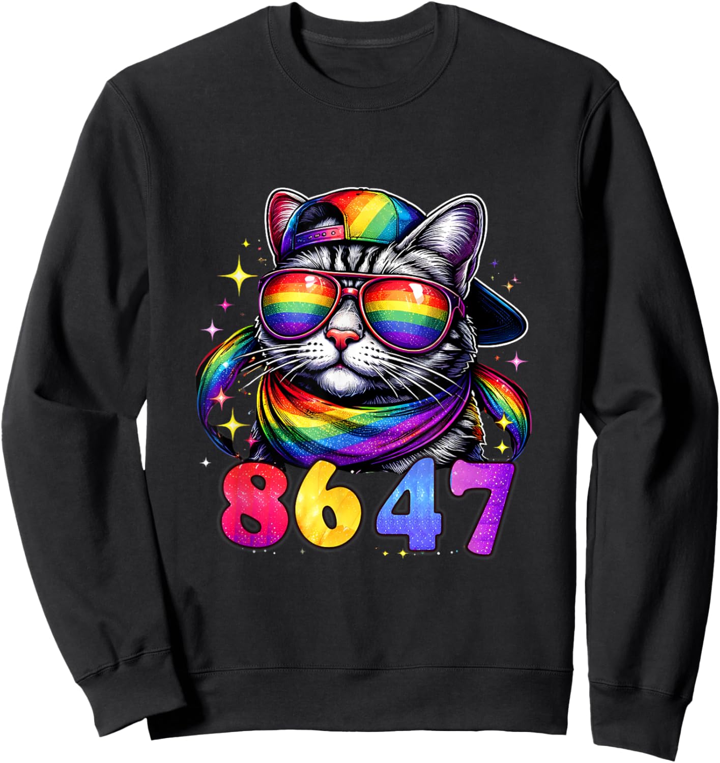 8647 Rainbow Cat Sunglasses Funny Pride Protest Graphic Sweatshirt - Sweatshirt | Black