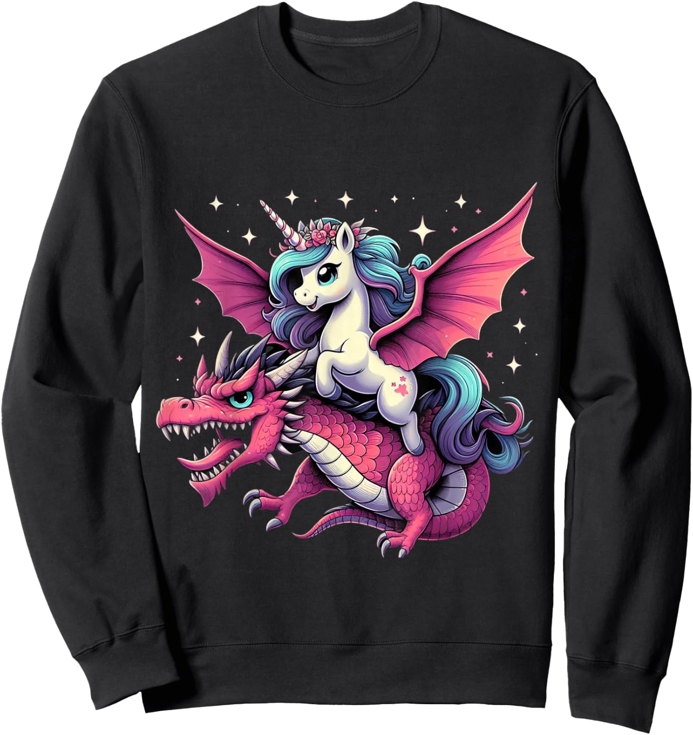 Unicorn Riding Dragon Boys Girls Women Kids Teens Rainbow Sweatshirt - Sweatshirt | Black