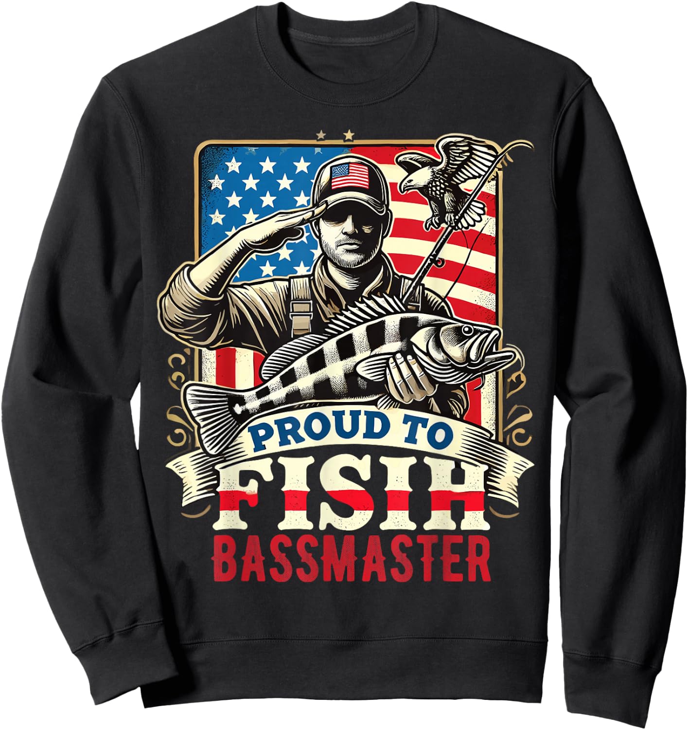 Proud to Fish Bassmaster Patriotic Design Sweatshirt - Sweatshirt | Black