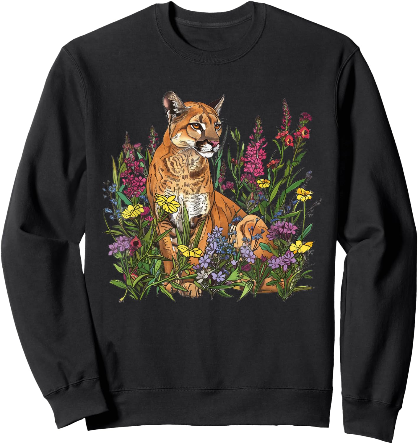 Mountain Lion Amidst Wildflowers Sweatshirt - Sweatshirt | Black