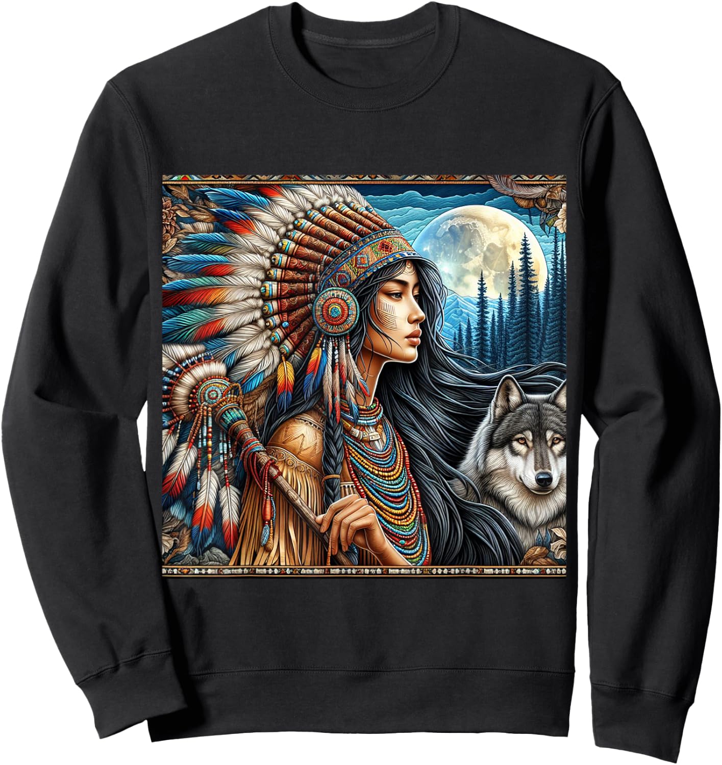 Indian Native American Woman with White Wolf Vintage Gifts Sweatshirt - Sweatshirt | Black
