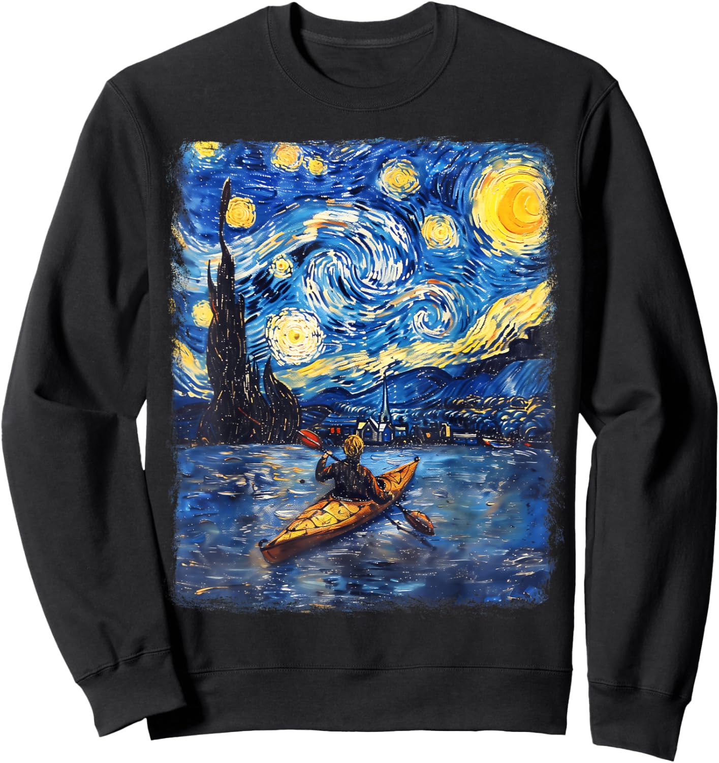 Kayaking Kayak Kayaker Starry Night Painting Sweatshirt - Sweatshirt | Black