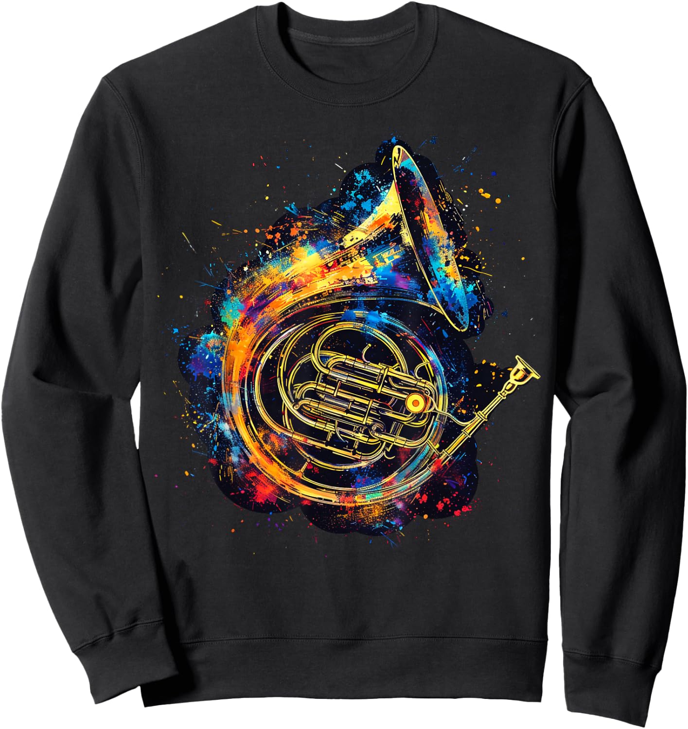 French Horn Instrument on Colorful Painted French Horn Sweatshirt - Sweatshirt | Black