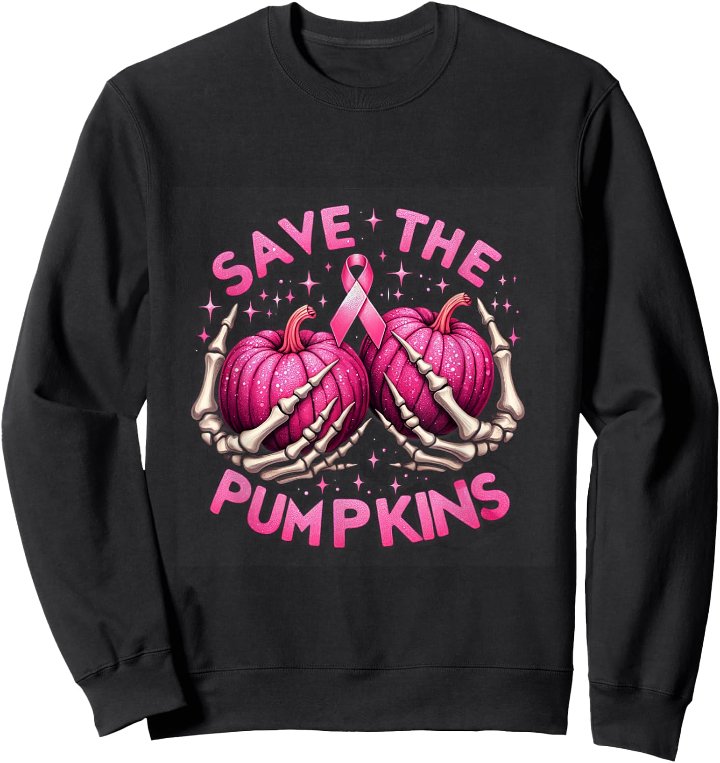 Skeleton Halloween Save The Pumpkins Breast Cancer Awareness Sweatshirt - Sweatshirt | Black