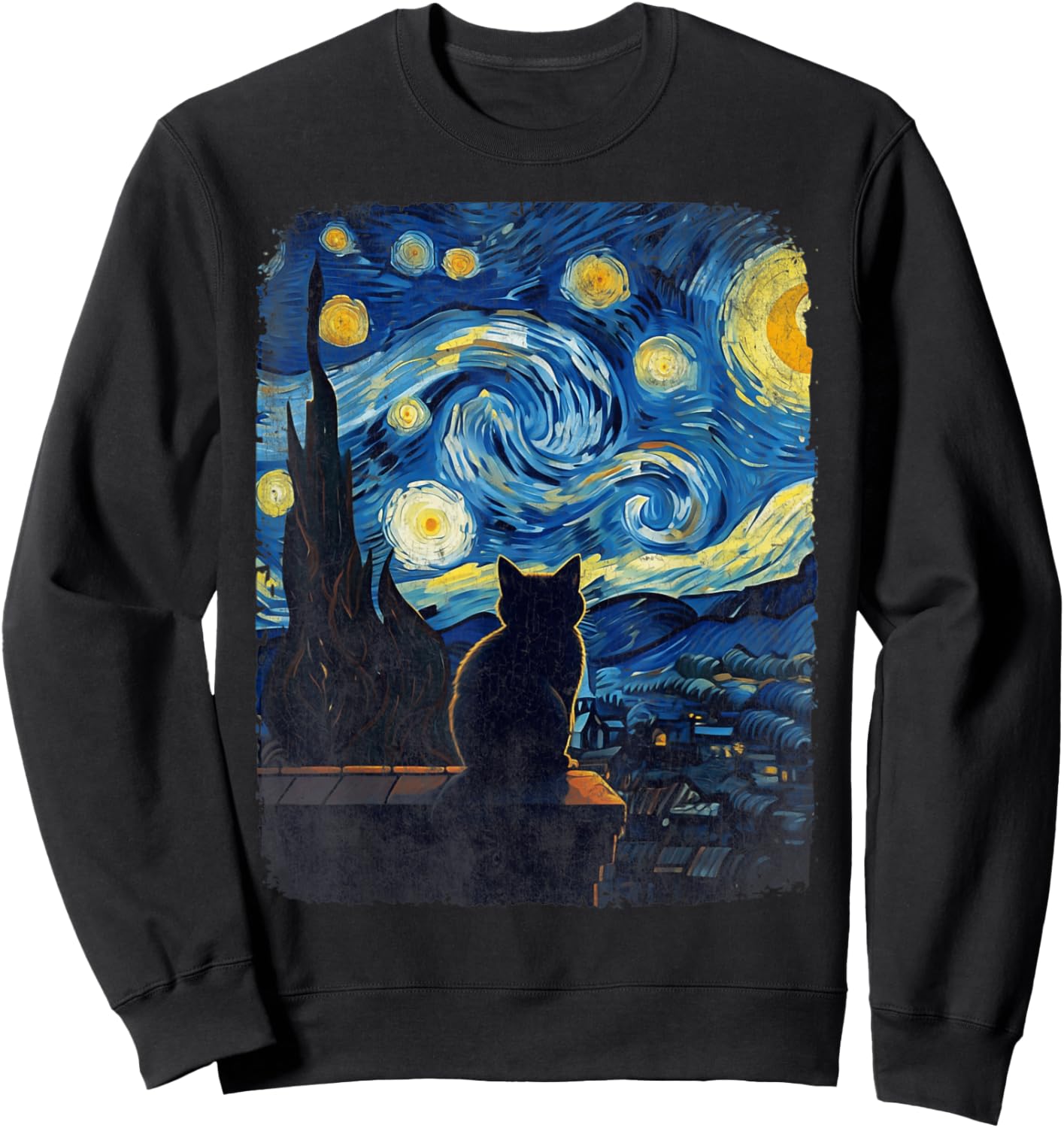 Cat Gifts for Cat Mom Dad Starry Night Van Gogh Cat Sweatshirt - Sweatshirt | Black
