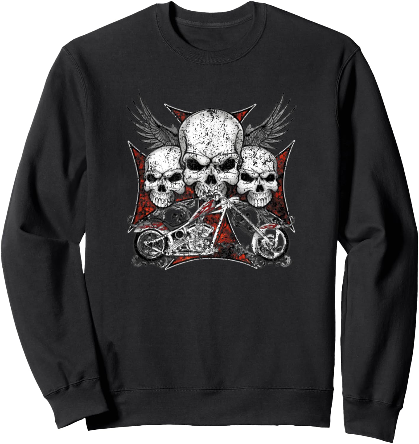 Skulls Iron Cross Chopper Wings Cool Vintage Biker Sweatshirt - Sweatshirt | Black