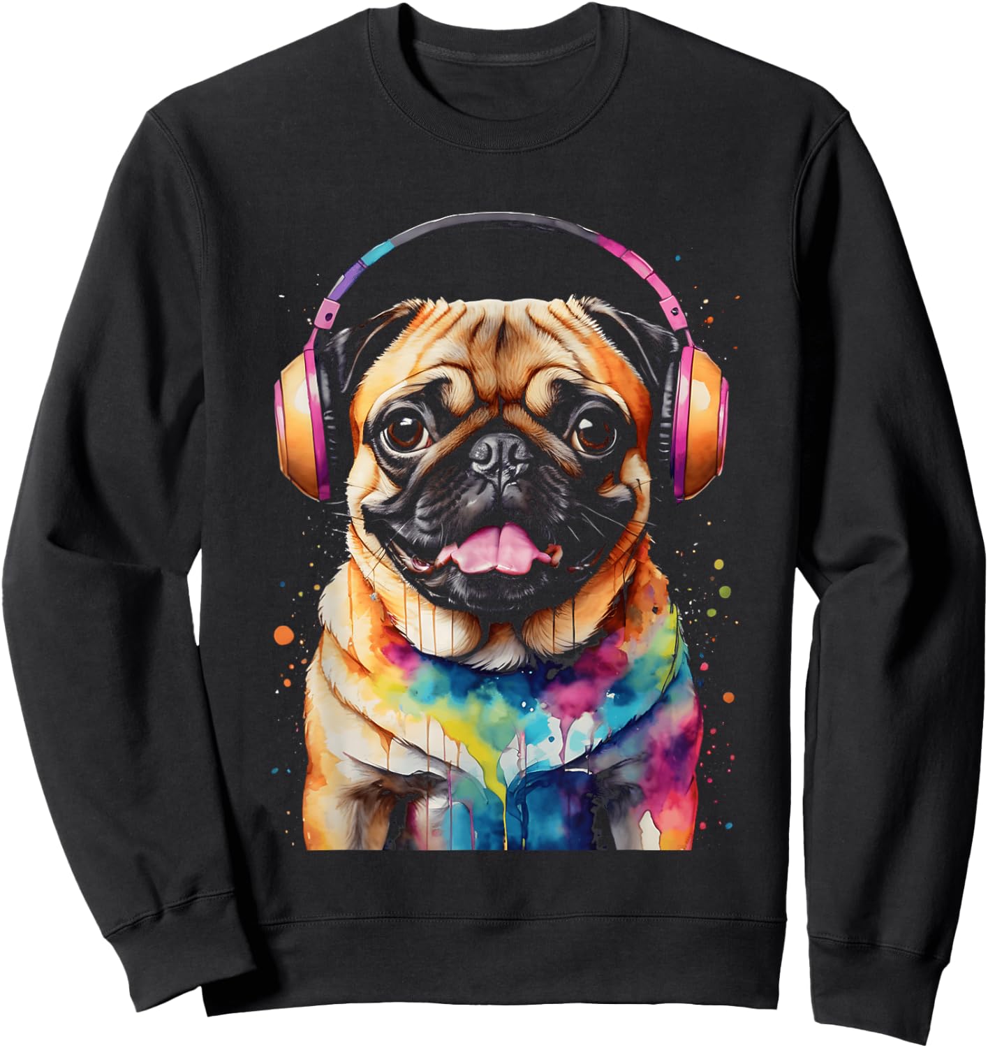 Pug Headphones Dog Colorful Funny Animal Art Print Graphic Men Women Kids Sweatshirt - Sweatshirt | Black